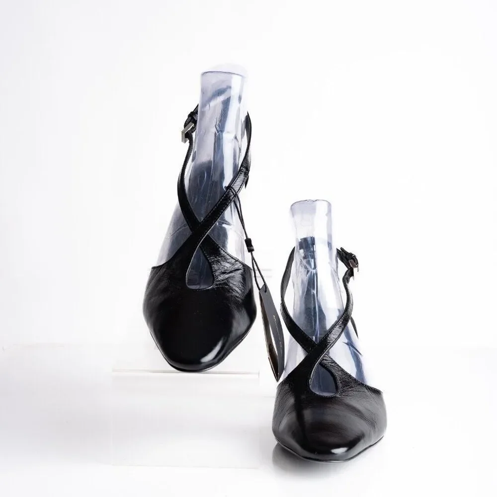 Massimo Dutti Womens Criss Cross Heels Slingbacks Black Leather US 7.5 EU 38 NWB